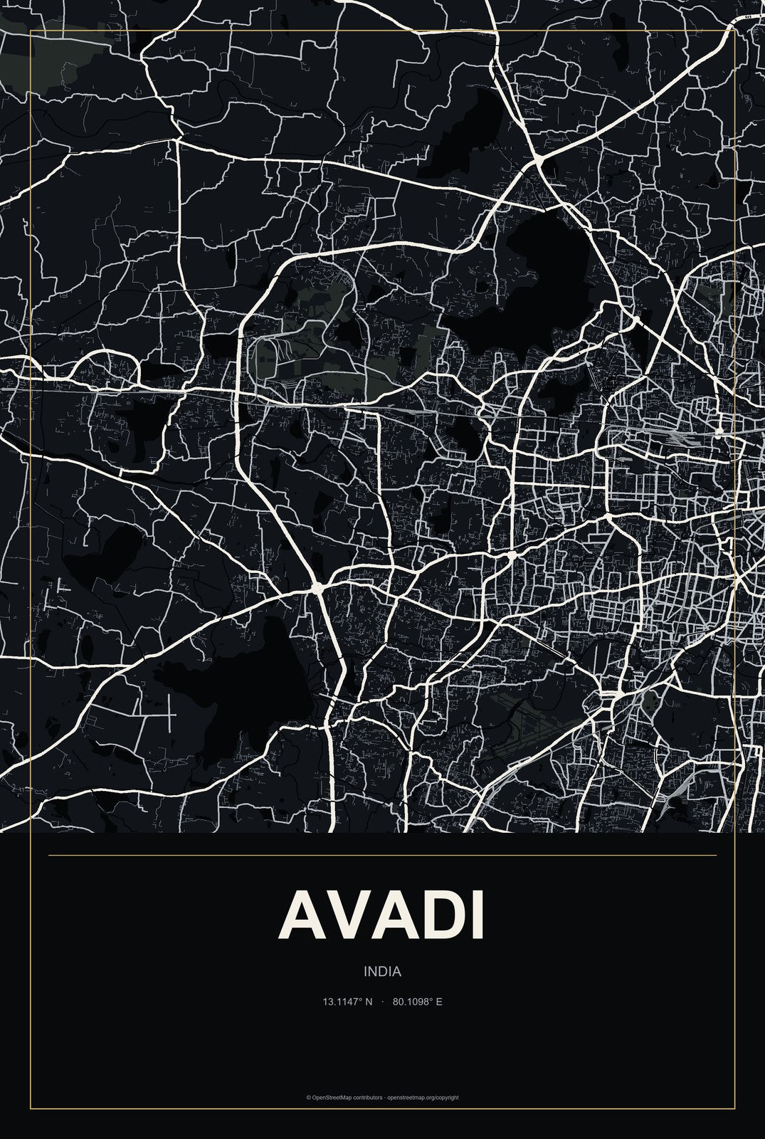 Avadi, India City Map Aluminum Sign in Metropolitan Noir style