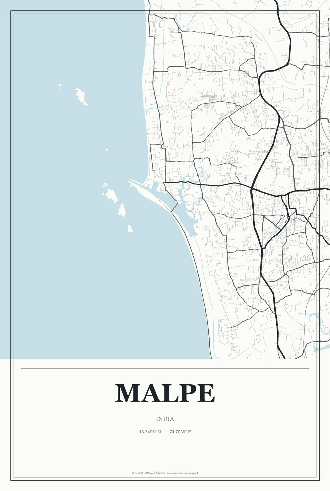 Malpe, India City Map Aluminum Sign in Gallery Air style