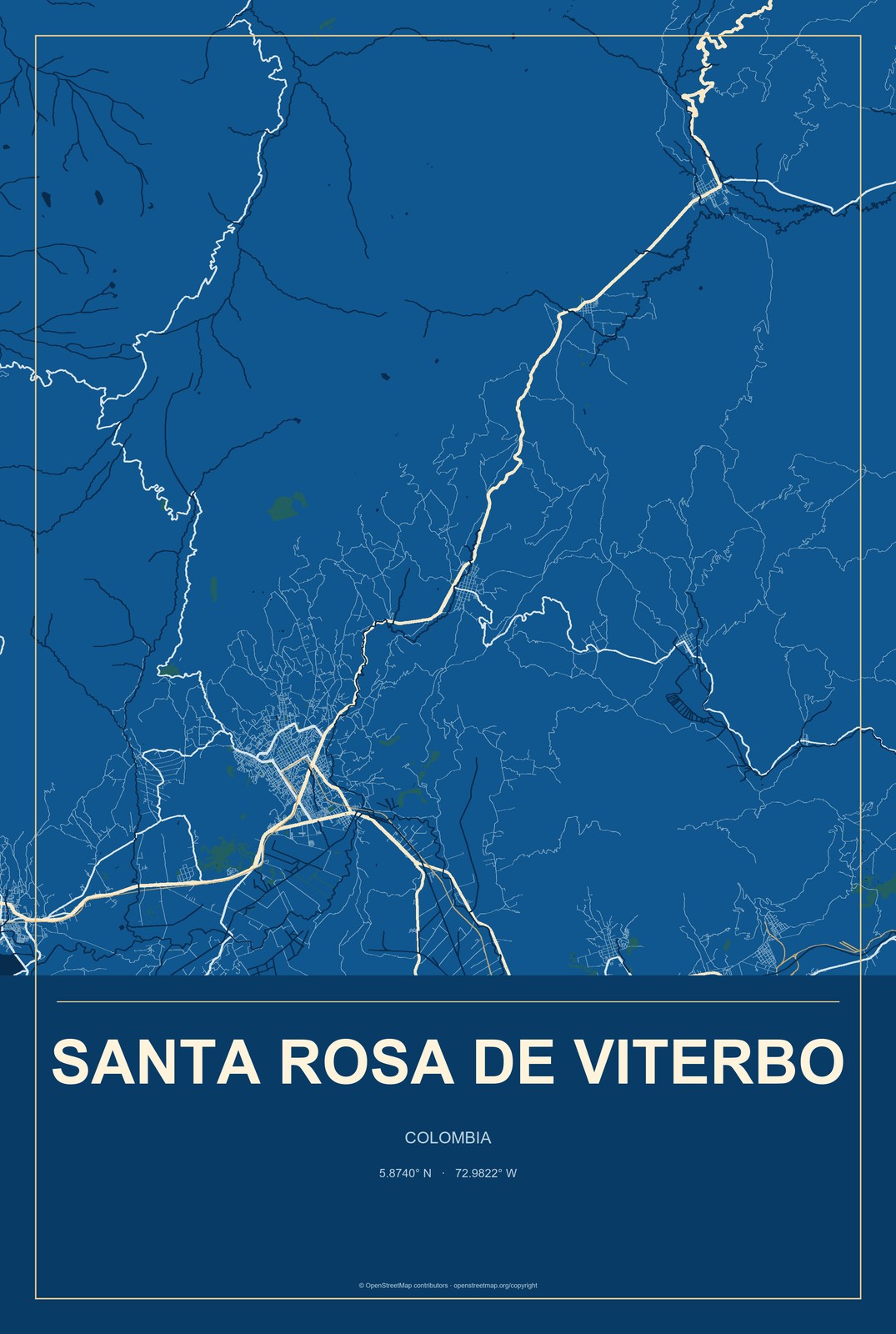Santa Rosa de Viterbo, Colombia City Map Aluminum Sign in Harbor Cobalt style