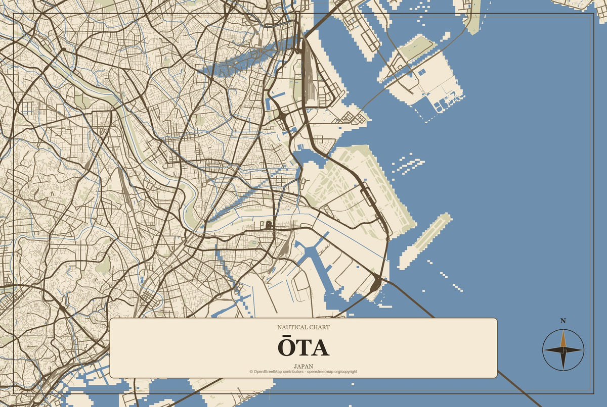 Ōta, Gunma, Japan City Map Aluminum Sign in Heritage Nautical style