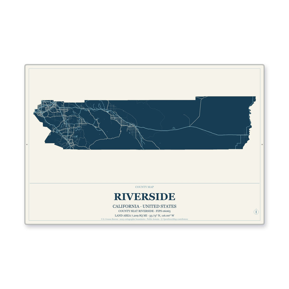Riverside County, California Map Aluminum Sign in Coastal Cutout style