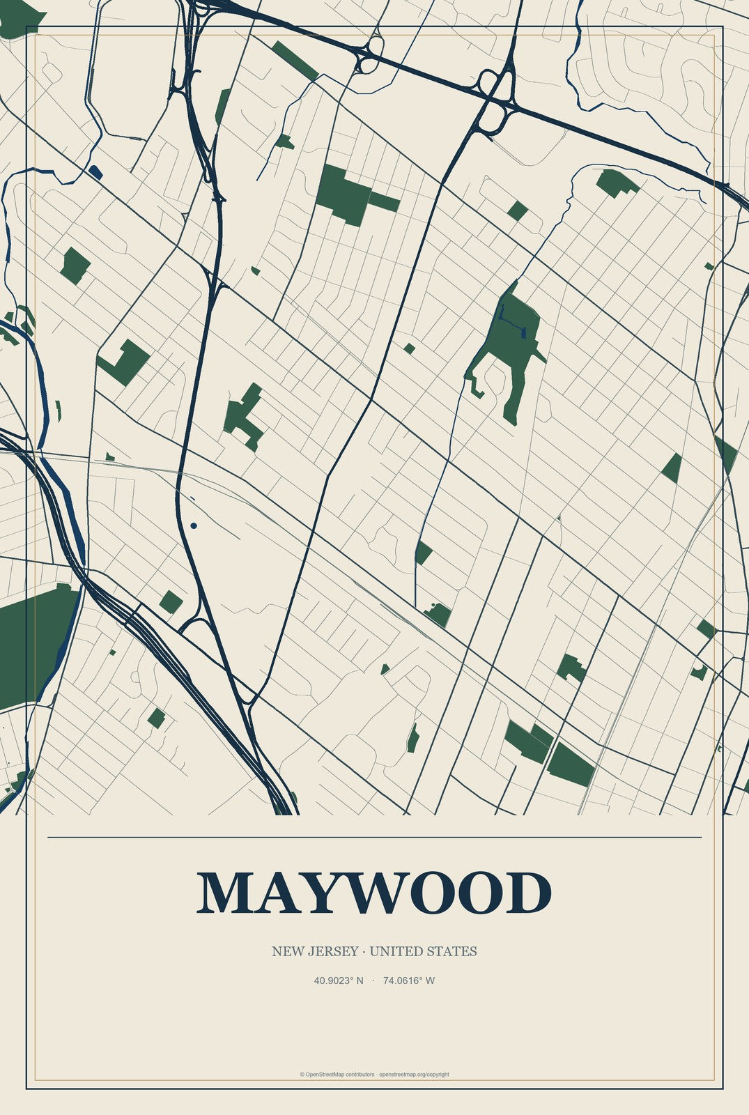 Maywood, New Jersey City Map Aluminum Sign in Coastal Cutout style