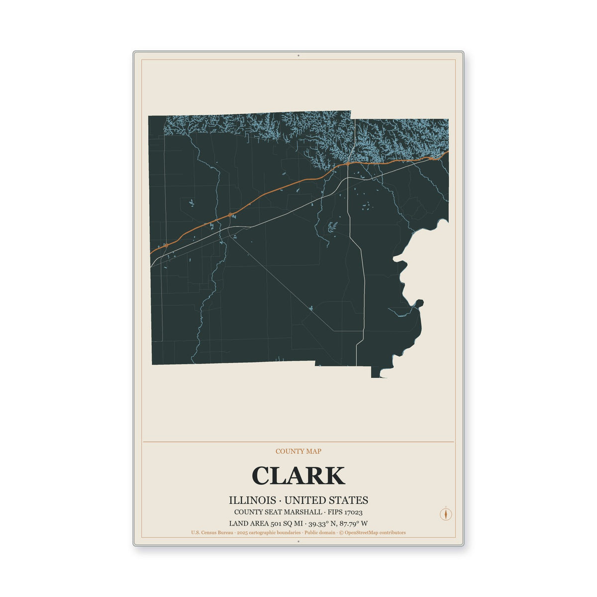 Clark County, Illinois Map Aluminum Sign in Headline Atlas style