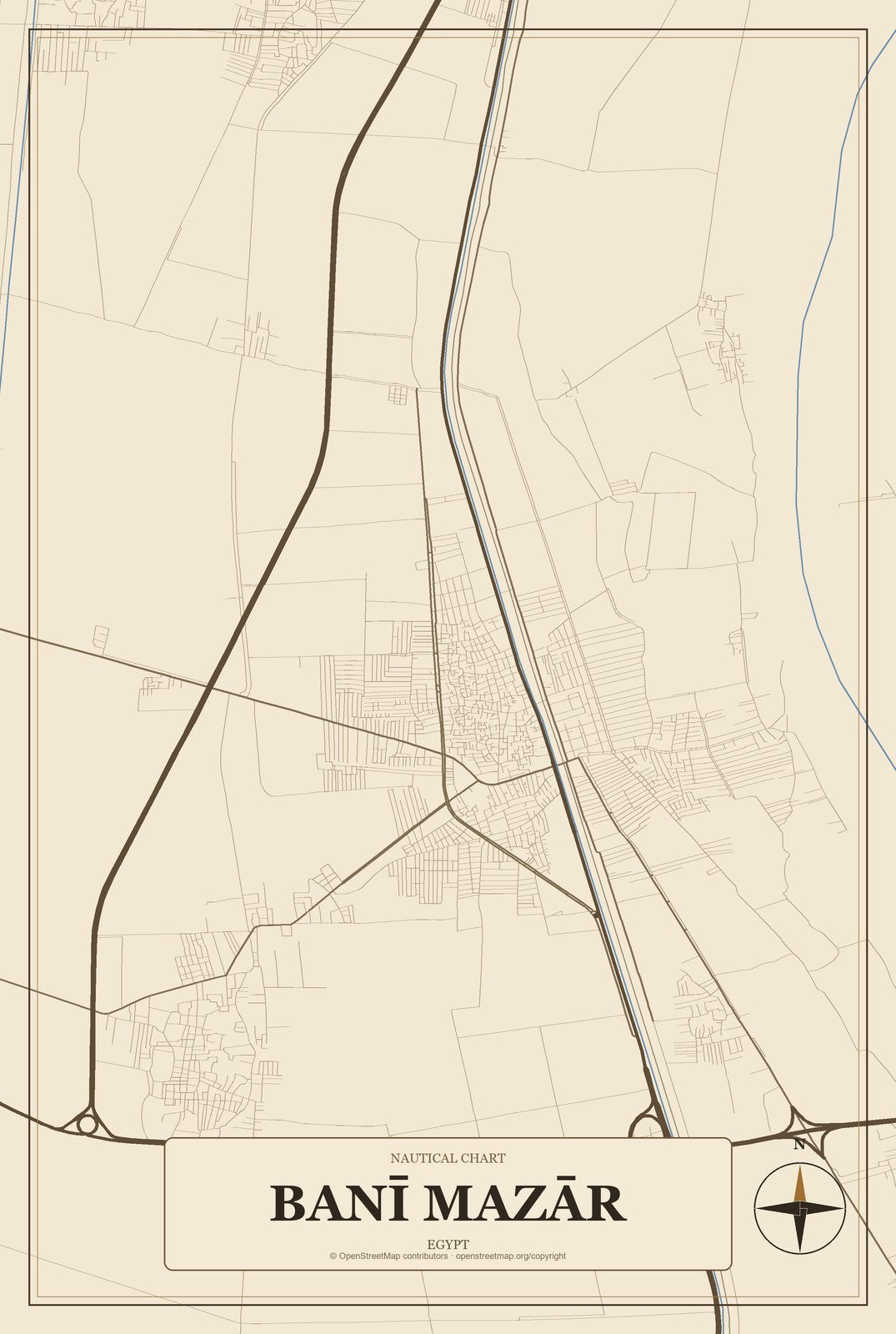 Banī Mazār, Egypt City Map Aluminum Sign in Heritage Nautical style