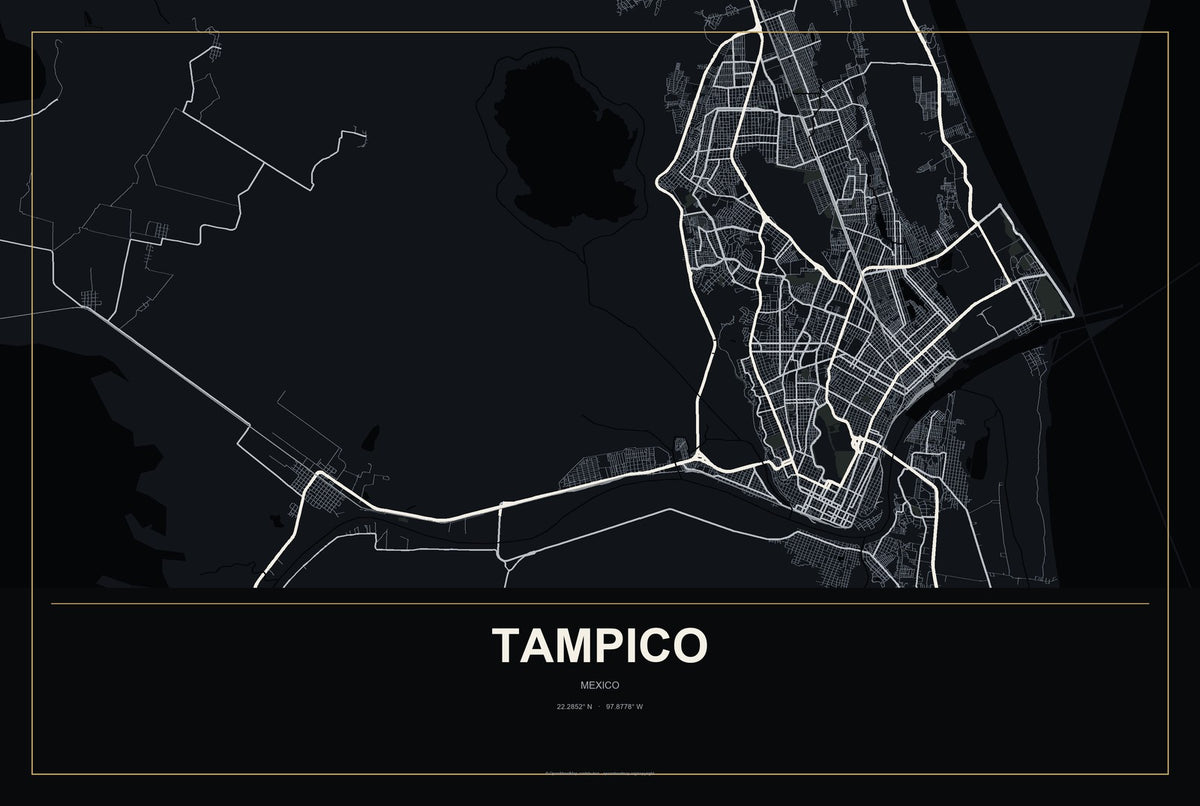 Tampico, Mexico City Map Aluminum Sign in Metropolitan Noir style