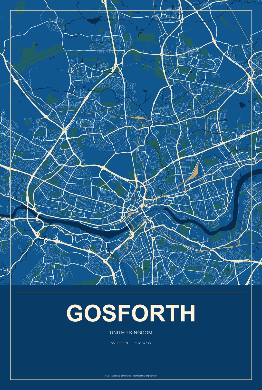 Gosforth, United Kingdom City Map Aluminum Sign in Harbor Cobalt style