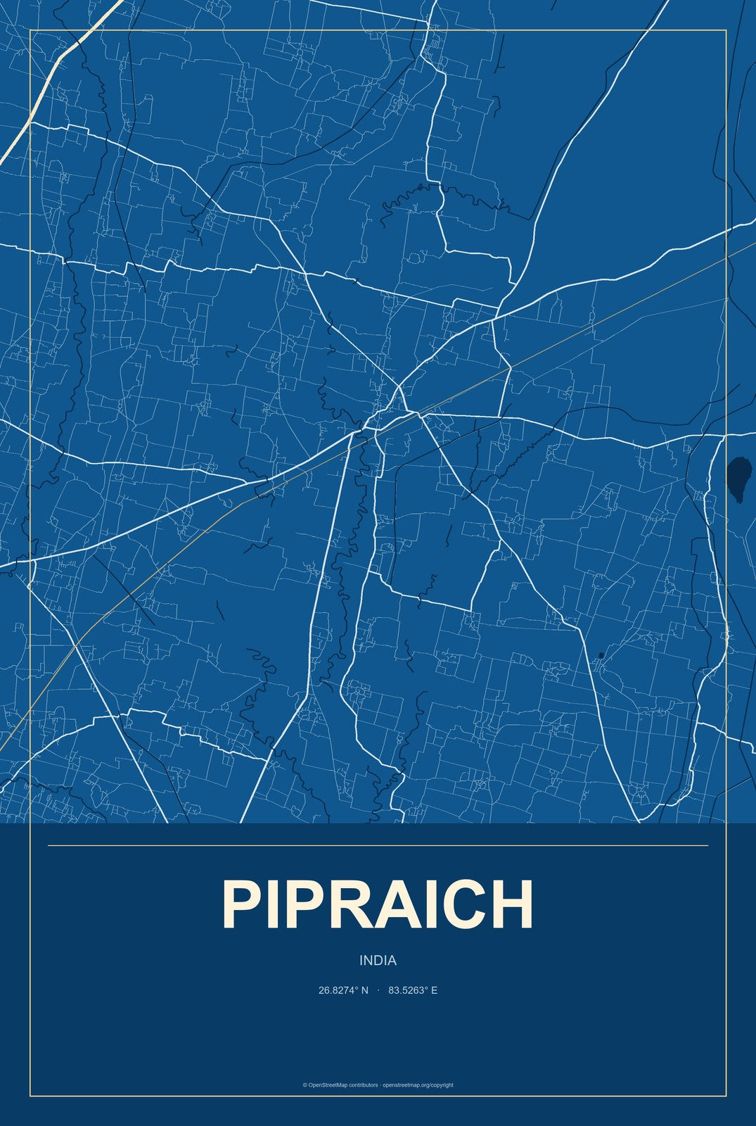 Pipraich, India City Map Aluminum Sign in Harbor Cobalt style