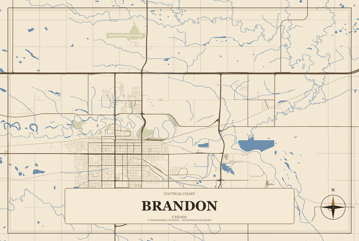 Brandon, Canada City Map Aluminum Sign in Heritage Nautical style