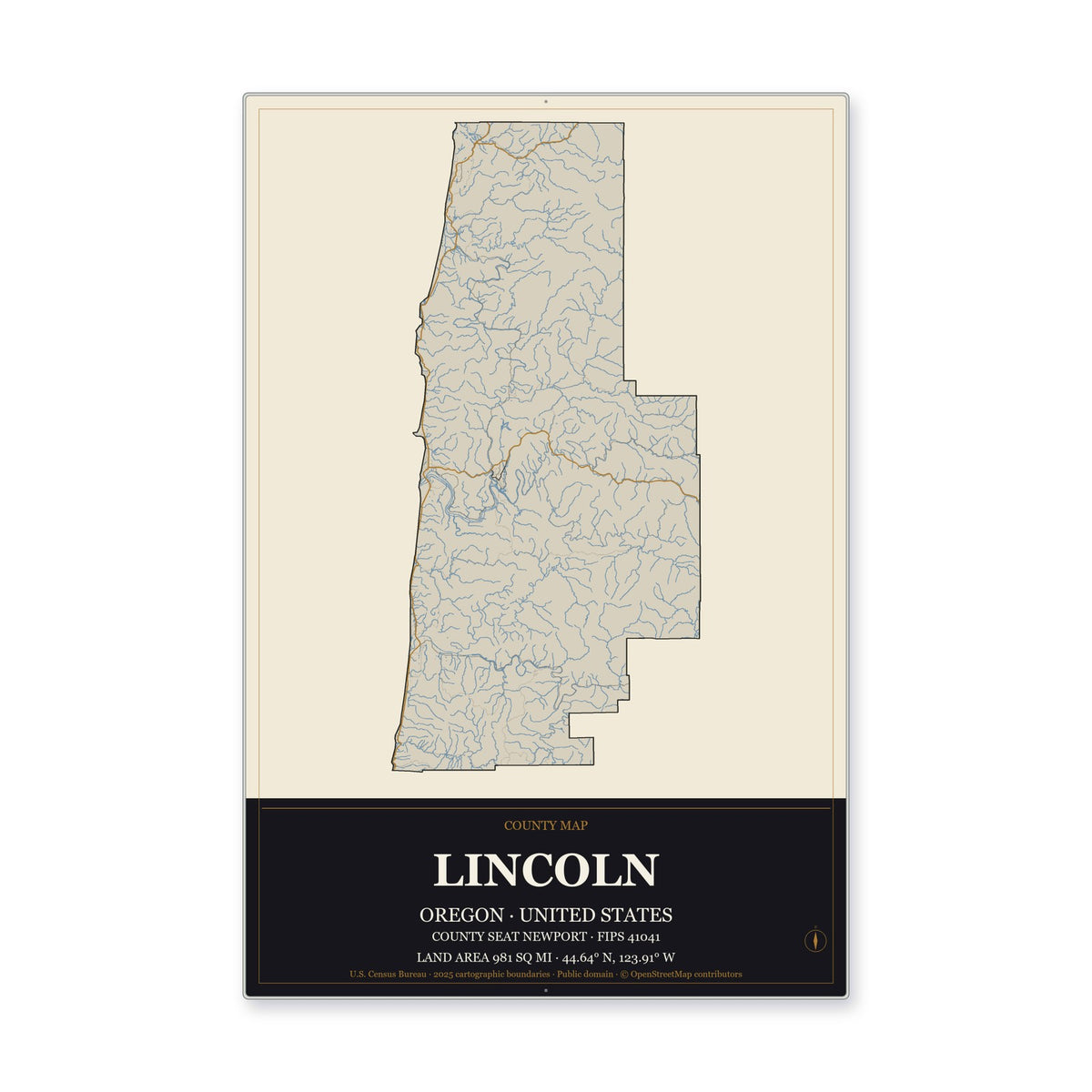 Lincoln County, Oregon Map Aluminum Sign in Museum Plaque style
