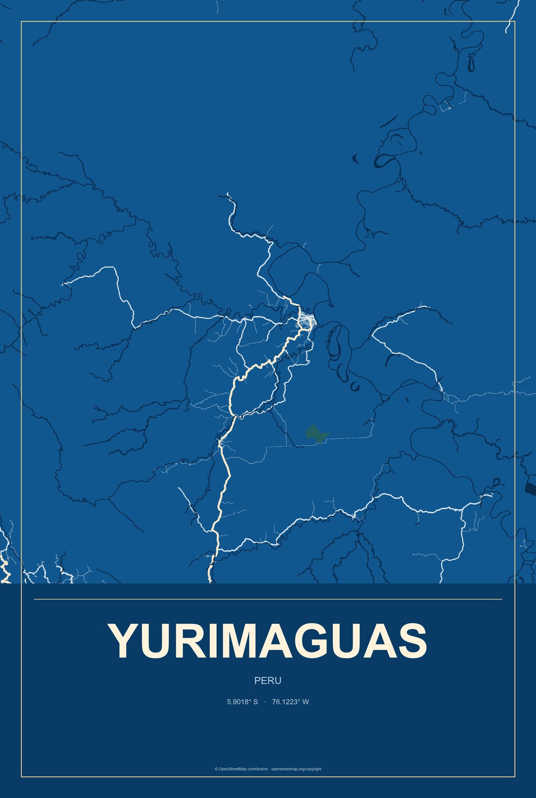 Yurimaguas, Peru City Map Aluminum Sign in Harbor Cobalt style