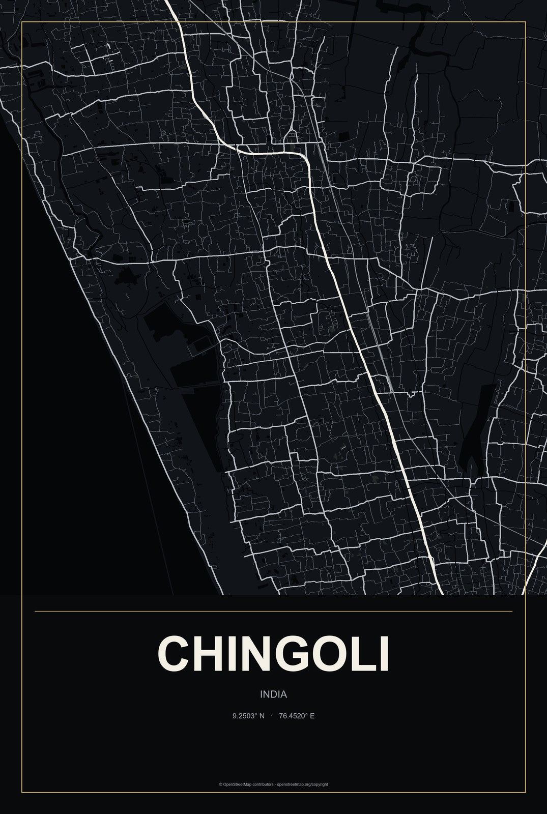Chingoli, India City Map Aluminum Sign in Metropolitan Noir style