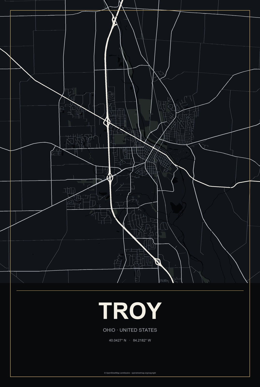 Troy, Ohio City Map Aluminum Sign in Metropolitan Noir style
