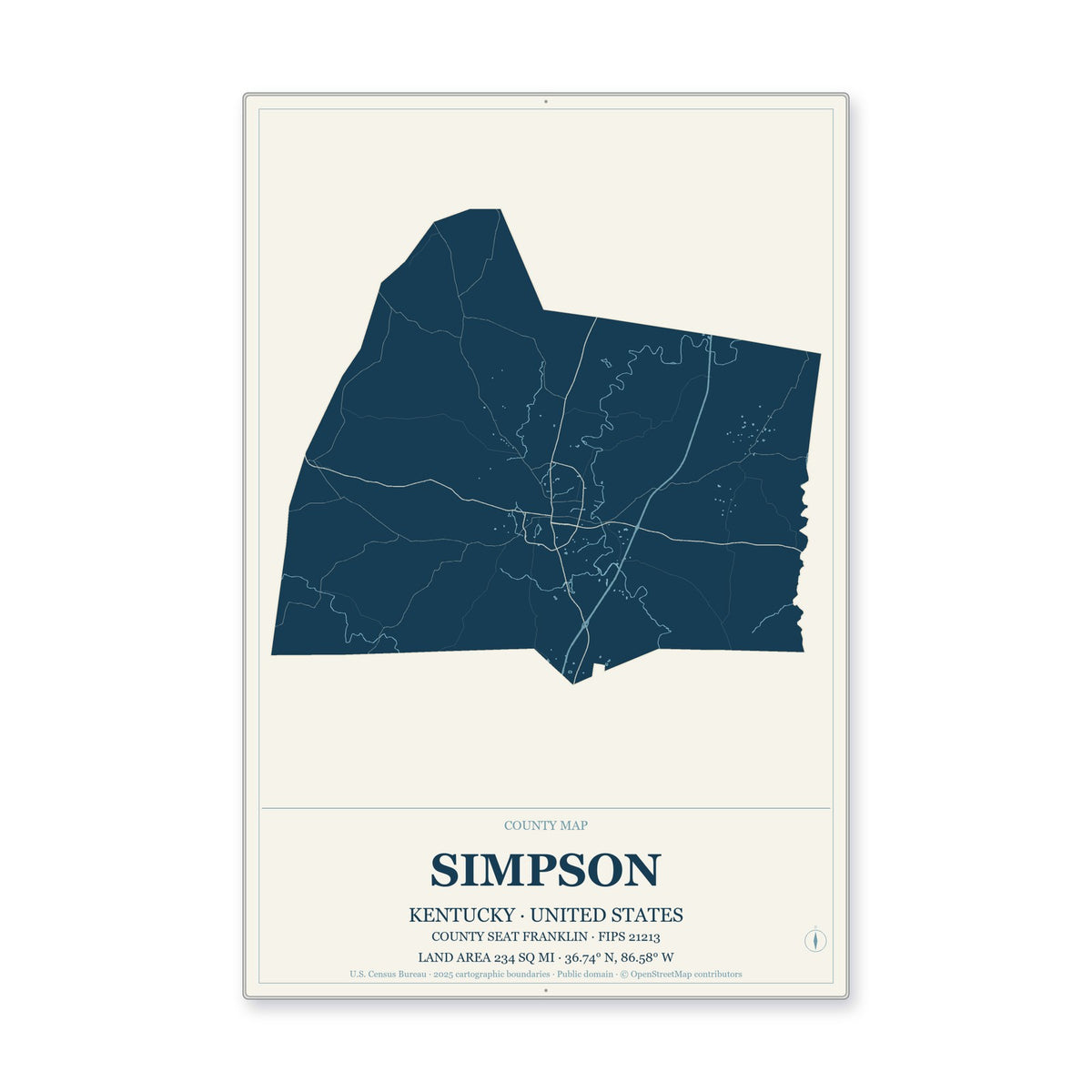 Simpson County, Kentucky Map Aluminum Sign in Coastal Cutout style