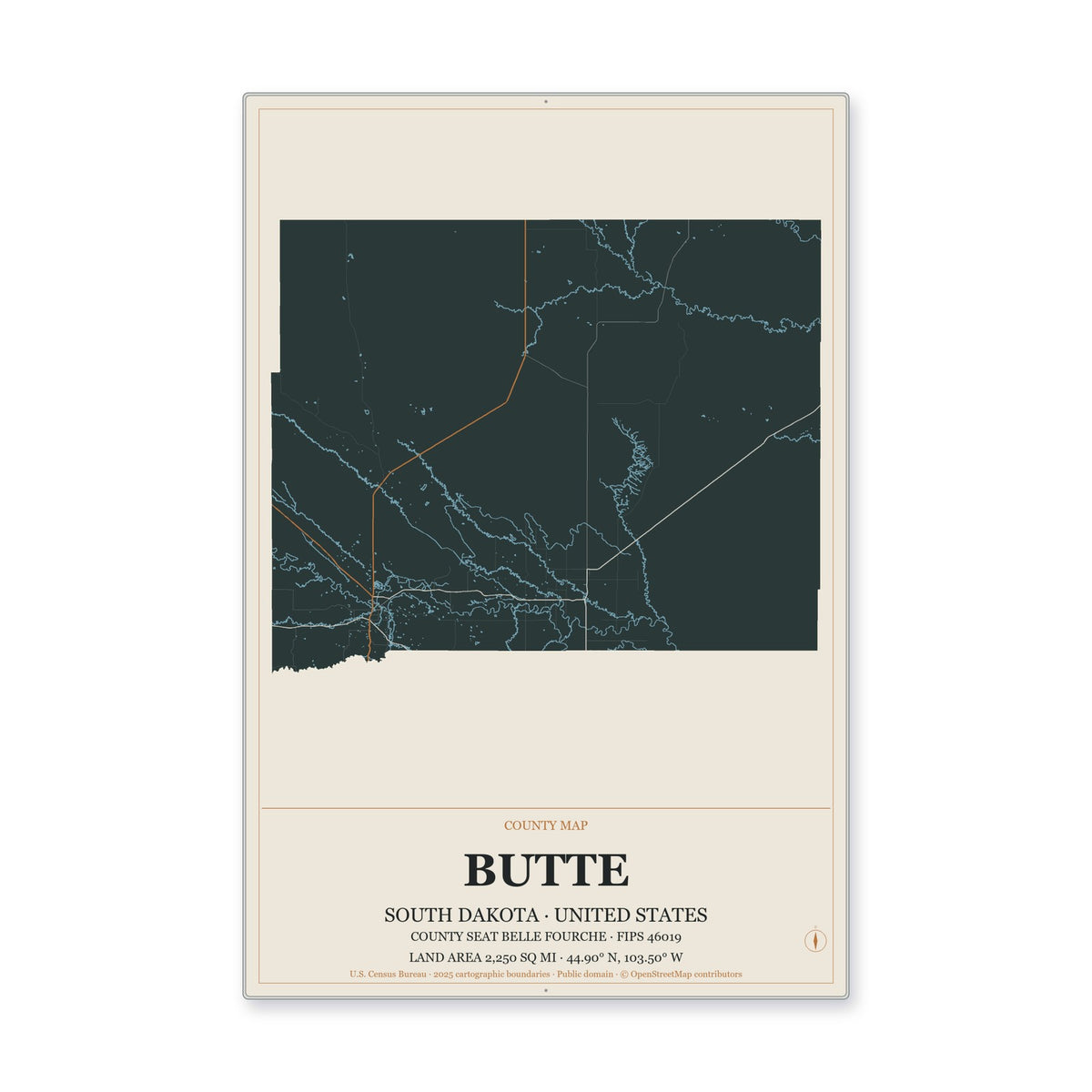 Butte County, South Dakota Map Aluminum Sign in Headline Atlas style