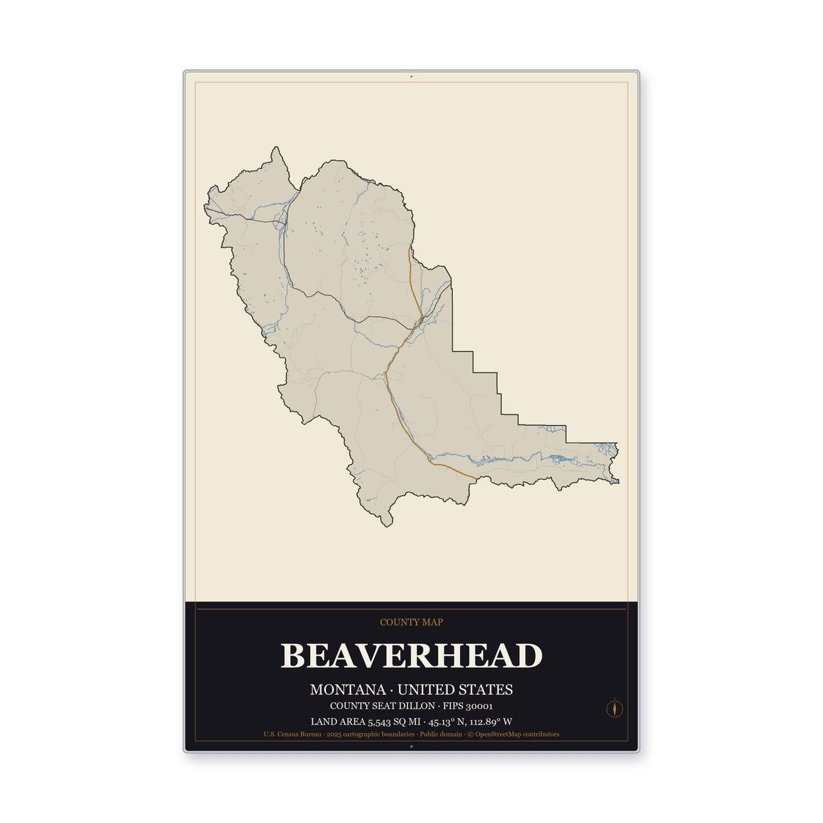 Beaverhead County, Montana Map Aluminum Sign in Museum Plaque style