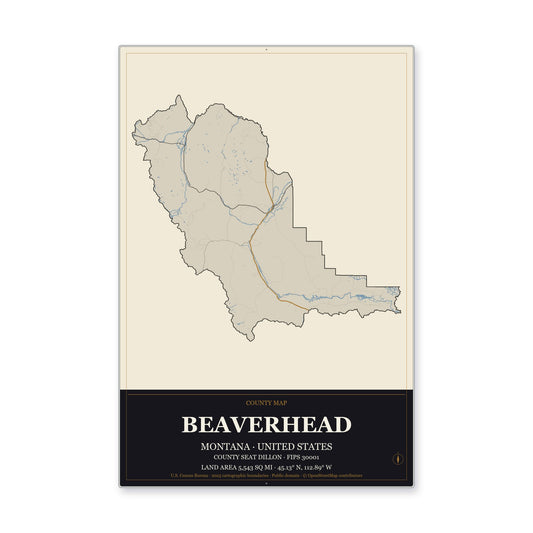 Beaverhead County, Montana Map Aluminum Sign in Museum Plaque style