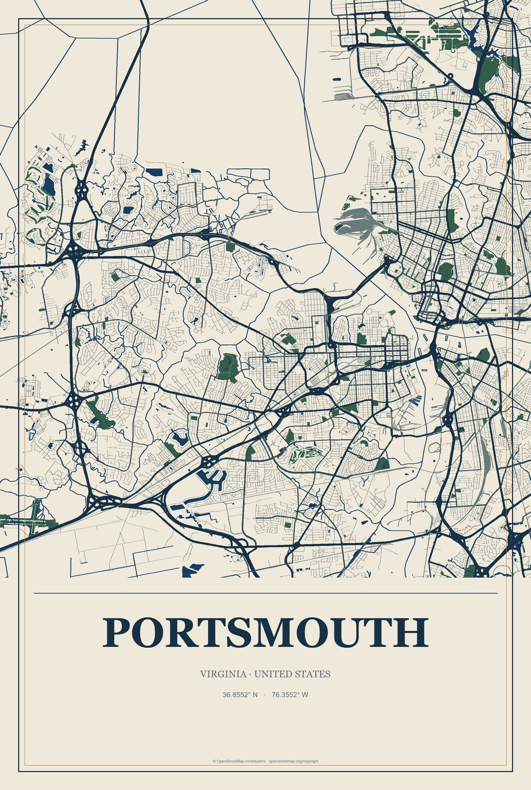 Portsmouth, Virginia City Map Aluminum Sign in Coastal Cutout style