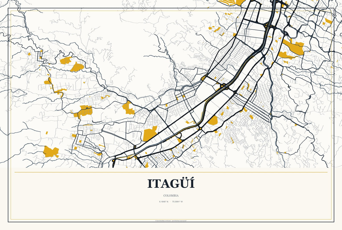 Itagüí, Colombia City Map Aluminum Sign in Citrine Modern style