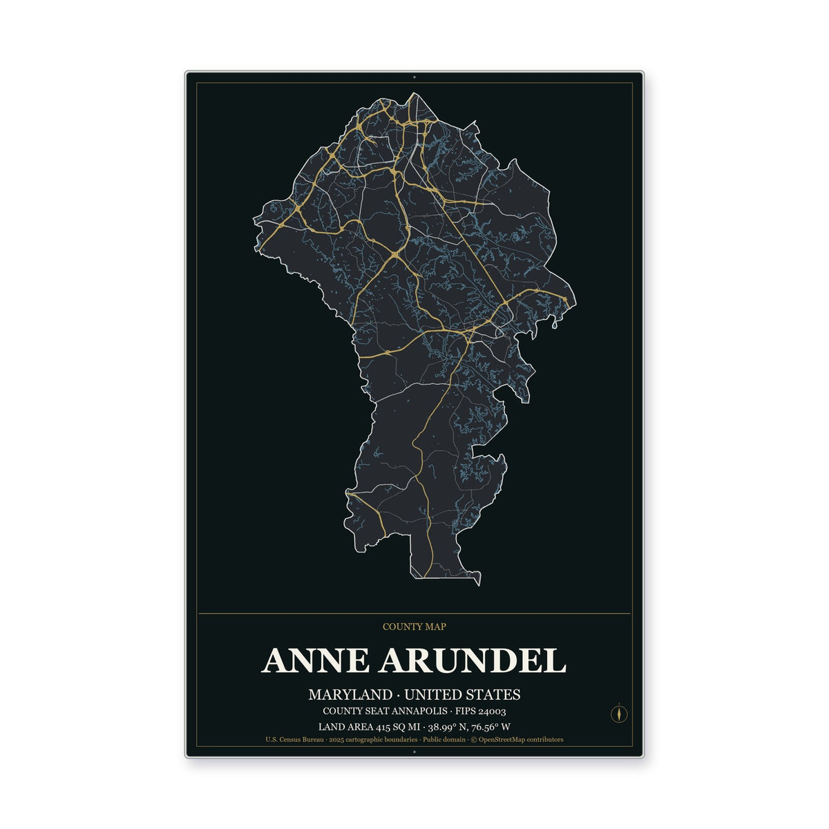 Anne Arundel County, Maryland Map Aluminum Sign in Metropolitan Noir style
