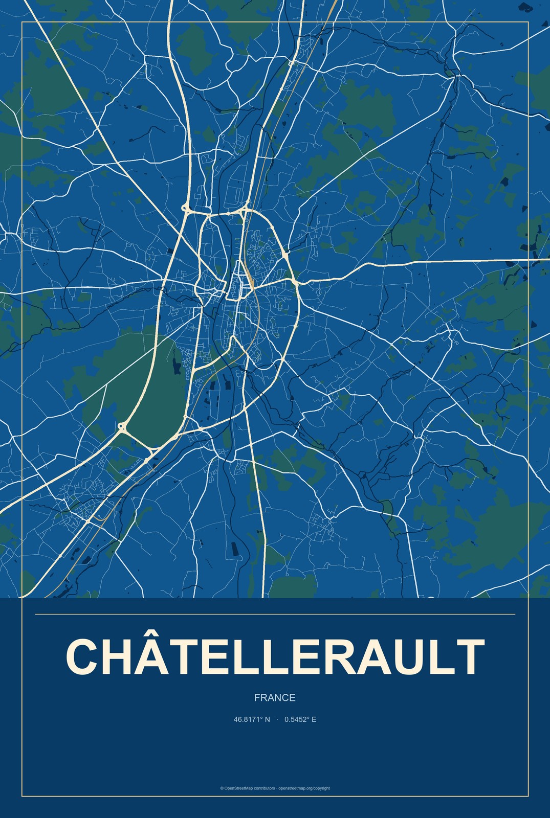 Châtellerault, France City Map Aluminum Sign in Harbor Cobalt style