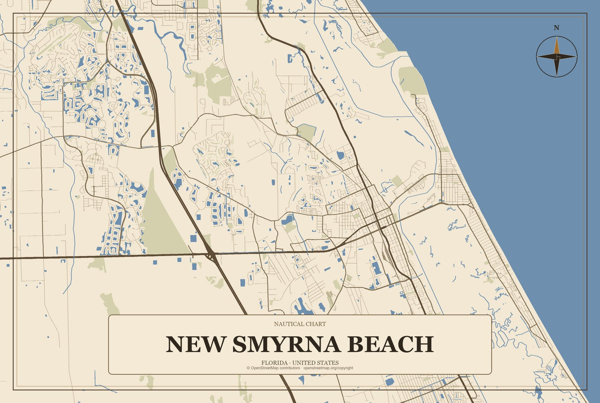 New Smyrna Beach, Florida City Map Aluminum Sign in Heritage Nautical style