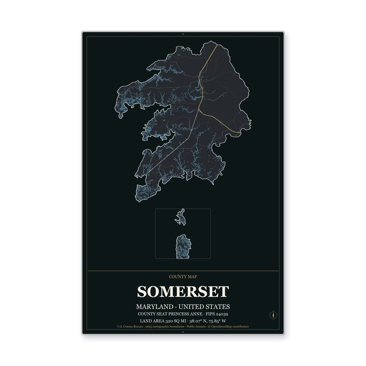 Somerset County, Maryland Map Aluminum Sign in Metropolitan Noir style