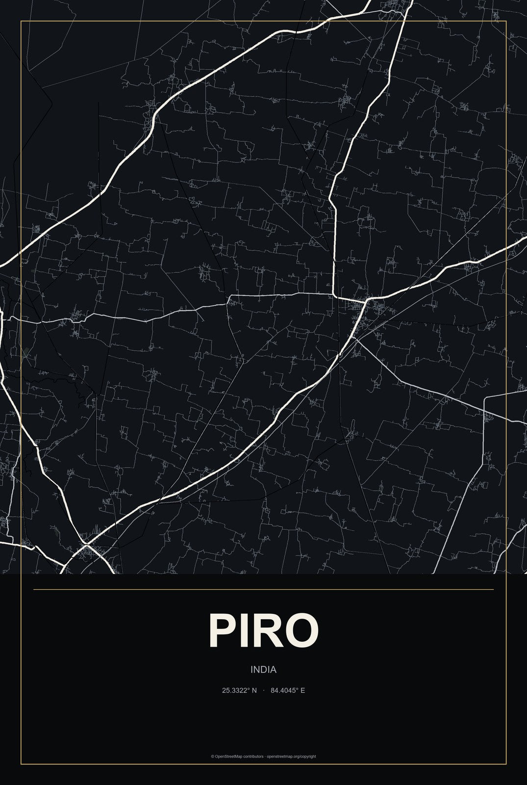 Piro, India City Map Aluminum Sign in Metropolitan Noir style