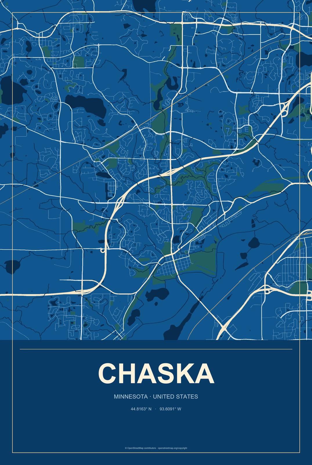 Chaska, Minnesota City Map Aluminum Sign in Harbor Cobalt style