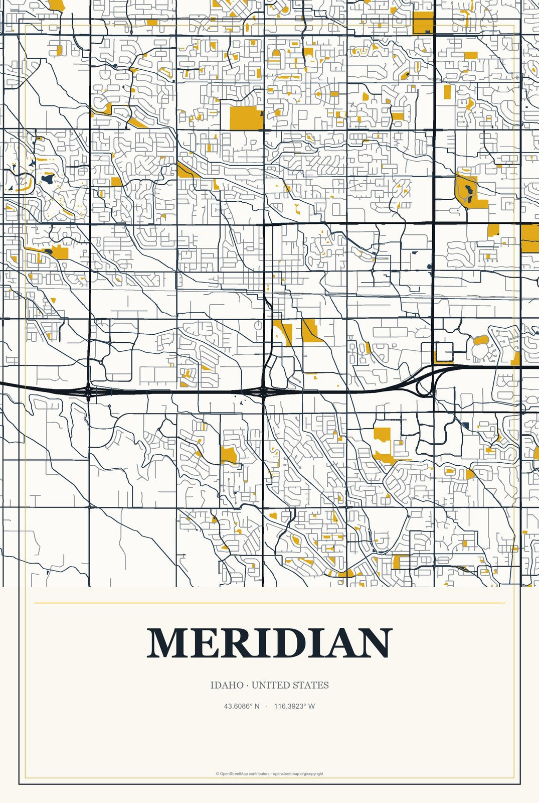 Meridian, Idaho City Map Aluminum Sign in Citrine Modern style