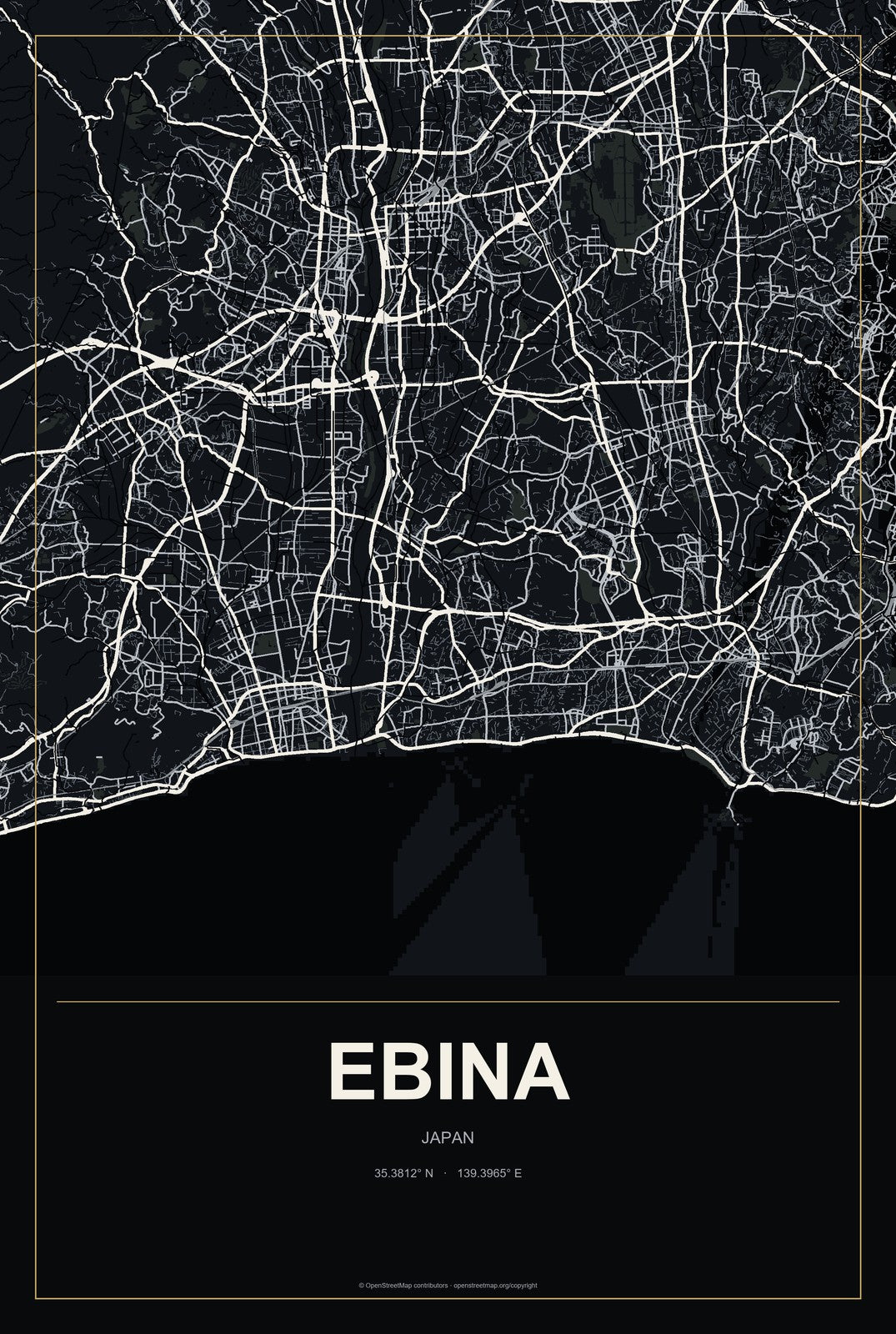 Ebina, Japan City Map Aluminum Sign in Metropolitan Noir style