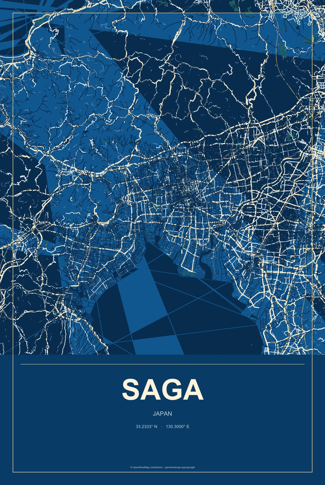 Saga, Japan City Map Aluminum Sign in Harbor Cobalt style