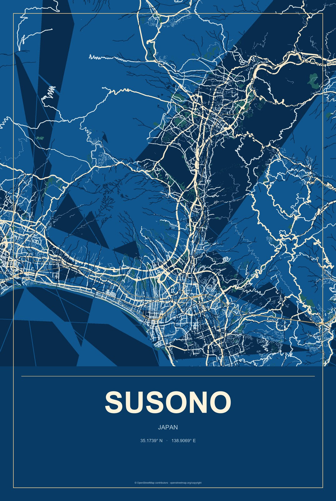 Susono, Japan City Map Aluminum Sign in Harbor Cobalt style