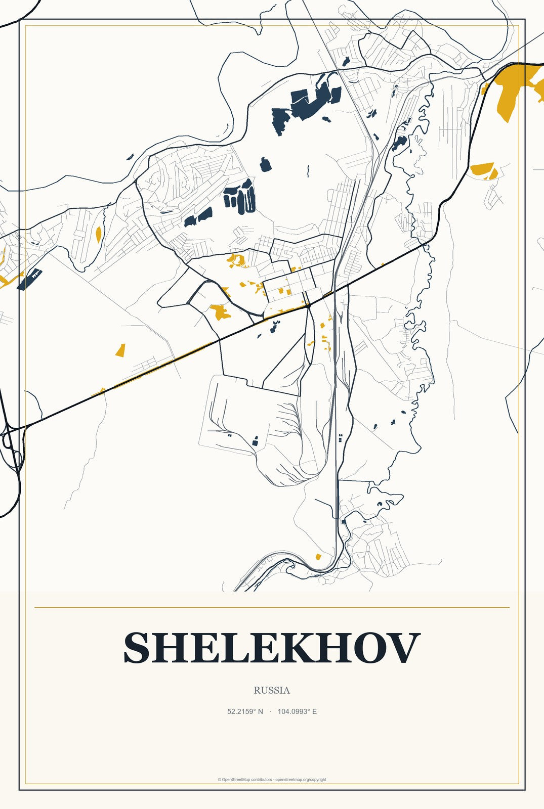 Shelekhov, Russia City Map Aluminum Sign in Citrine Modern style