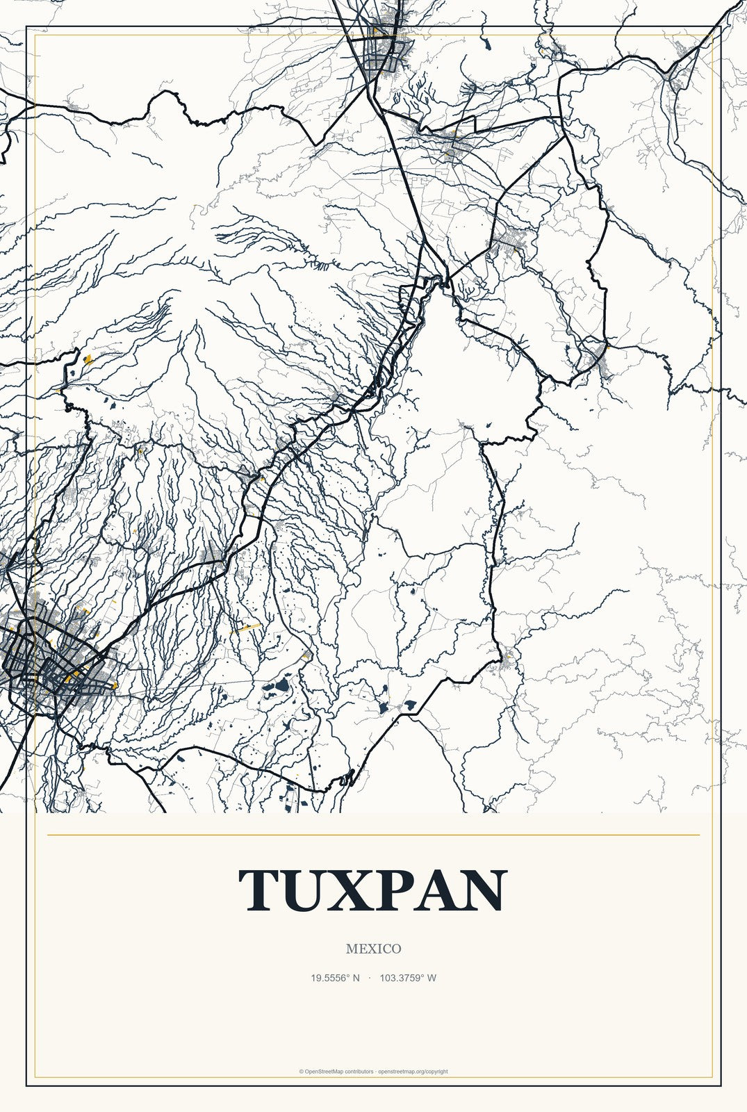 Tuxpan, Jalisco, Mexico City Map Aluminum Sign in Citrine Modern style