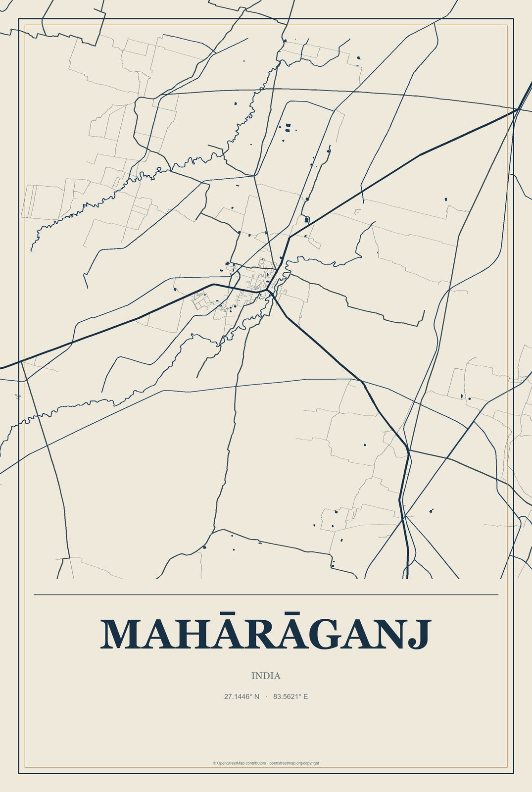 Mahārāganj, India City Map Aluminum Sign in Coastal Cutout style