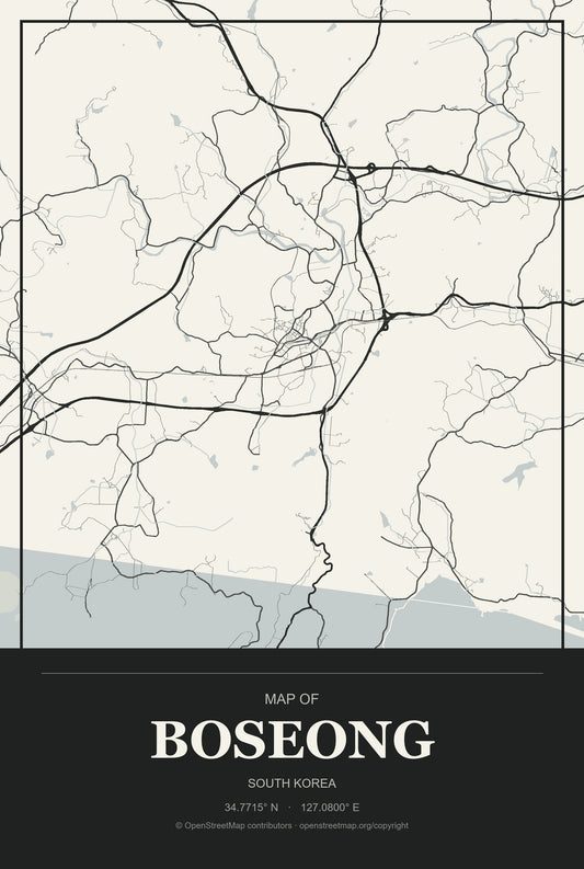 Boseong, South Korea City Map Aluminum Sign in Museum Plaque style