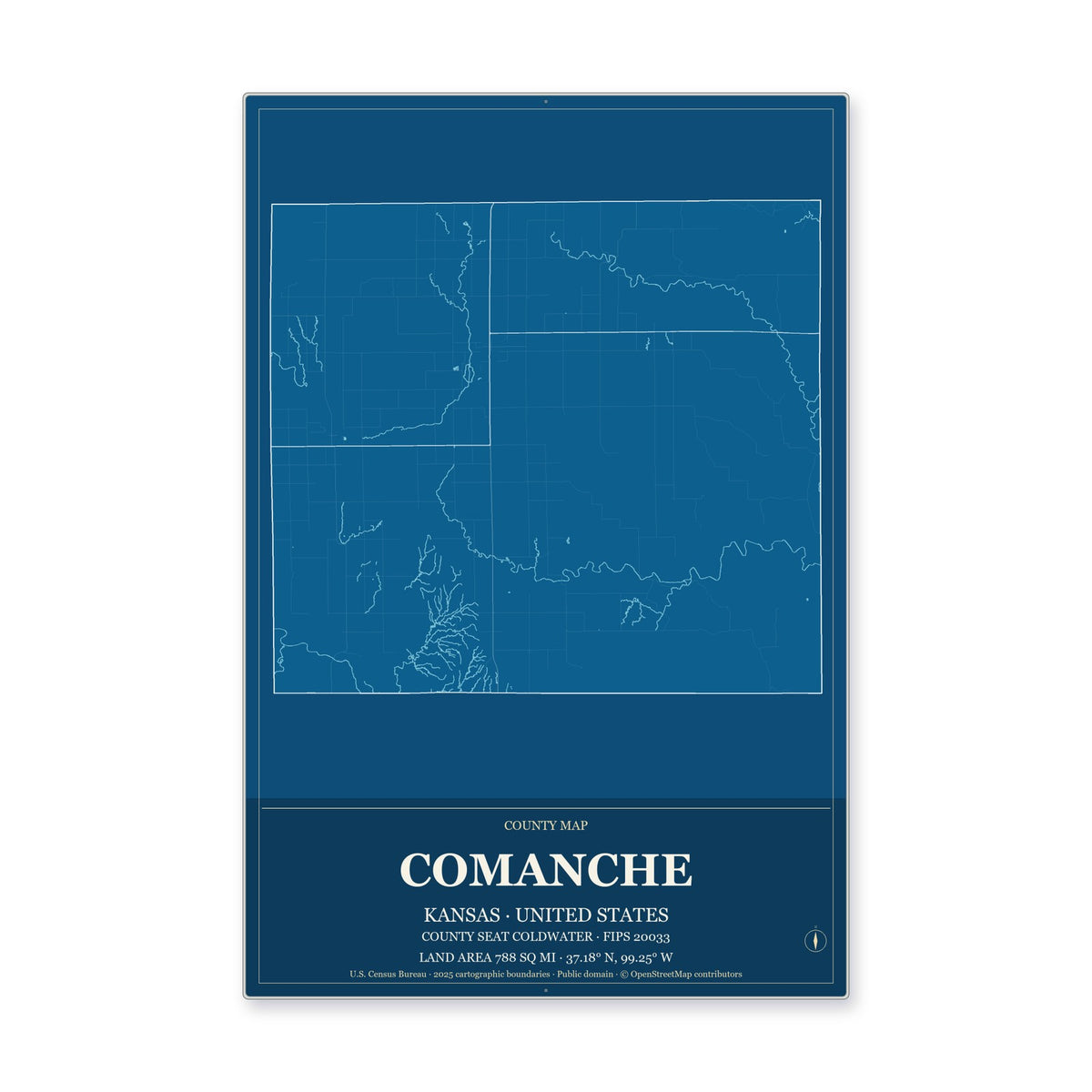 Comanche County, Kansas Map Aluminum Sign in Harbor Cobalt style