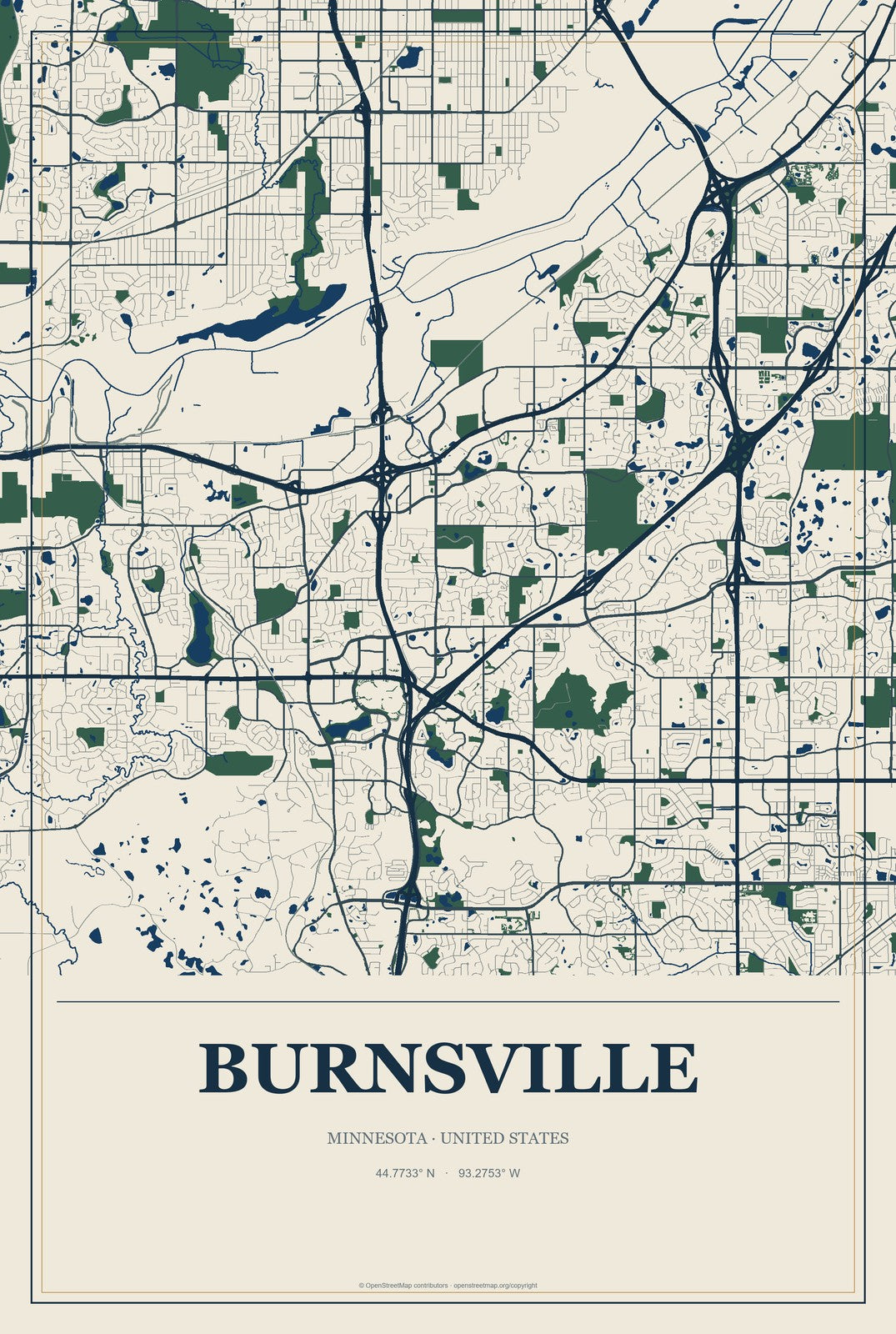 Burnsville, Minnesota City Map Aluminum Sign in Coastal Cutout style