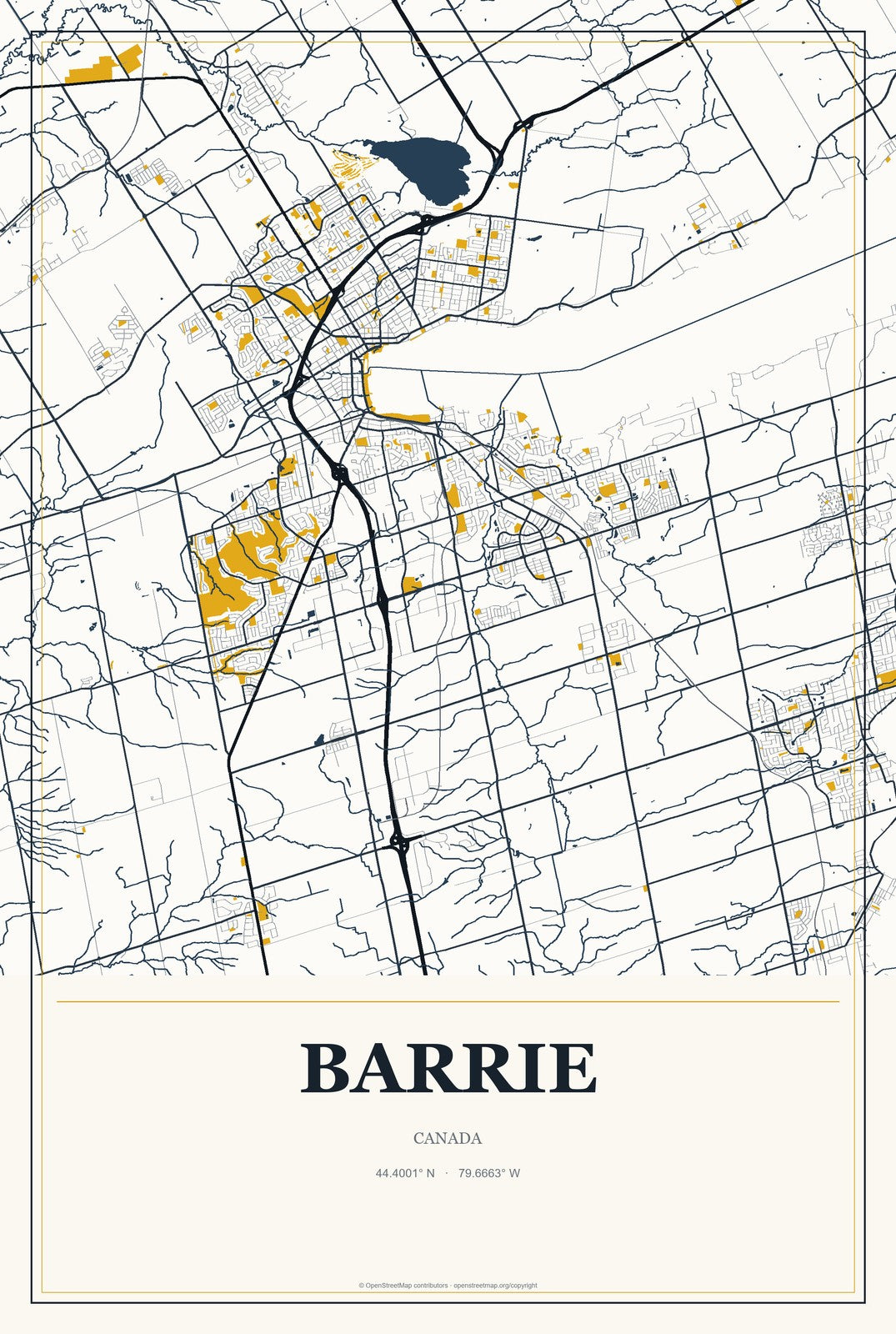 Barrie, Canada City Map Aluminum Sign in Citrine Modern style