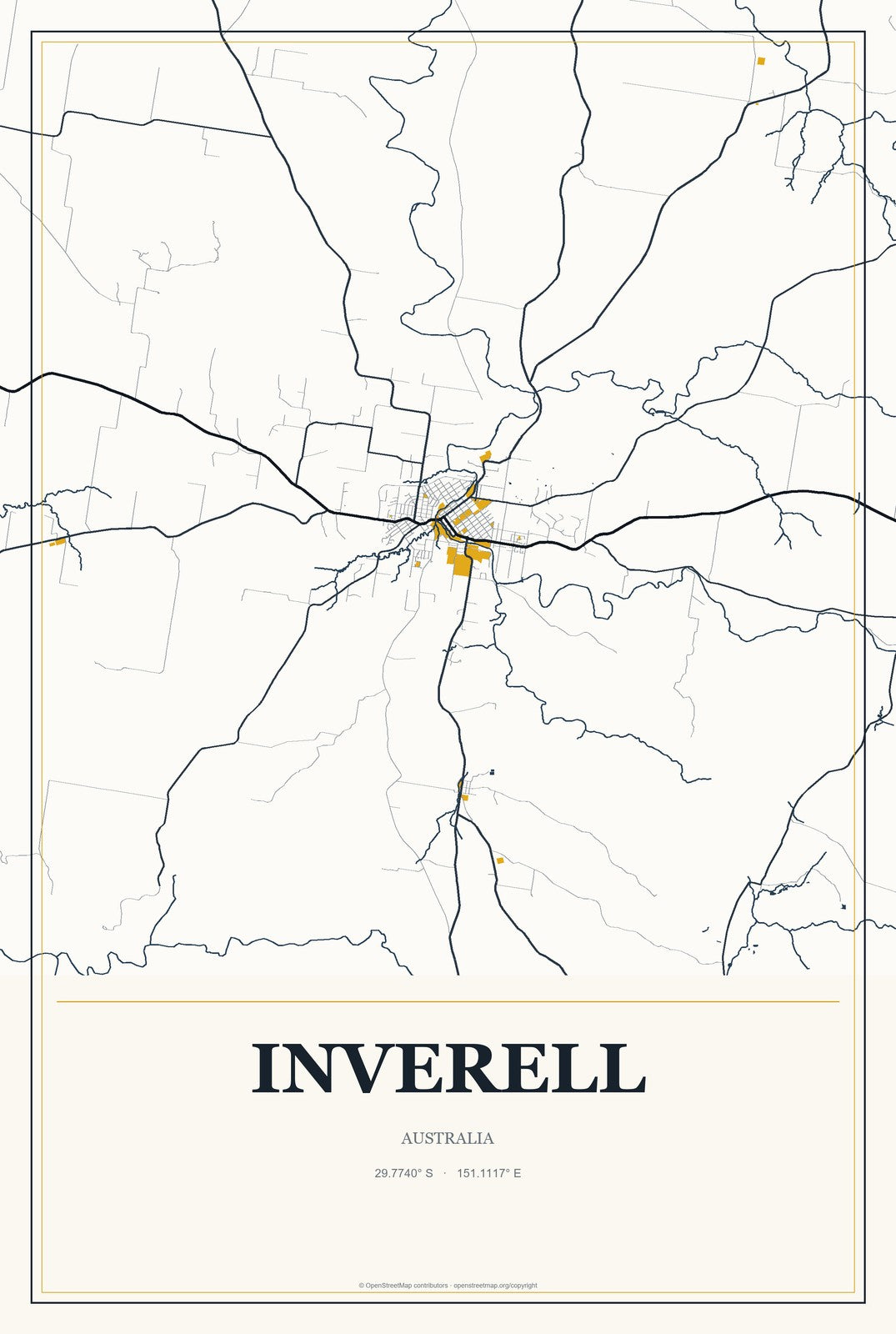 Inverell, Australia City Map Aluminum Sign in Citrine Modern style
