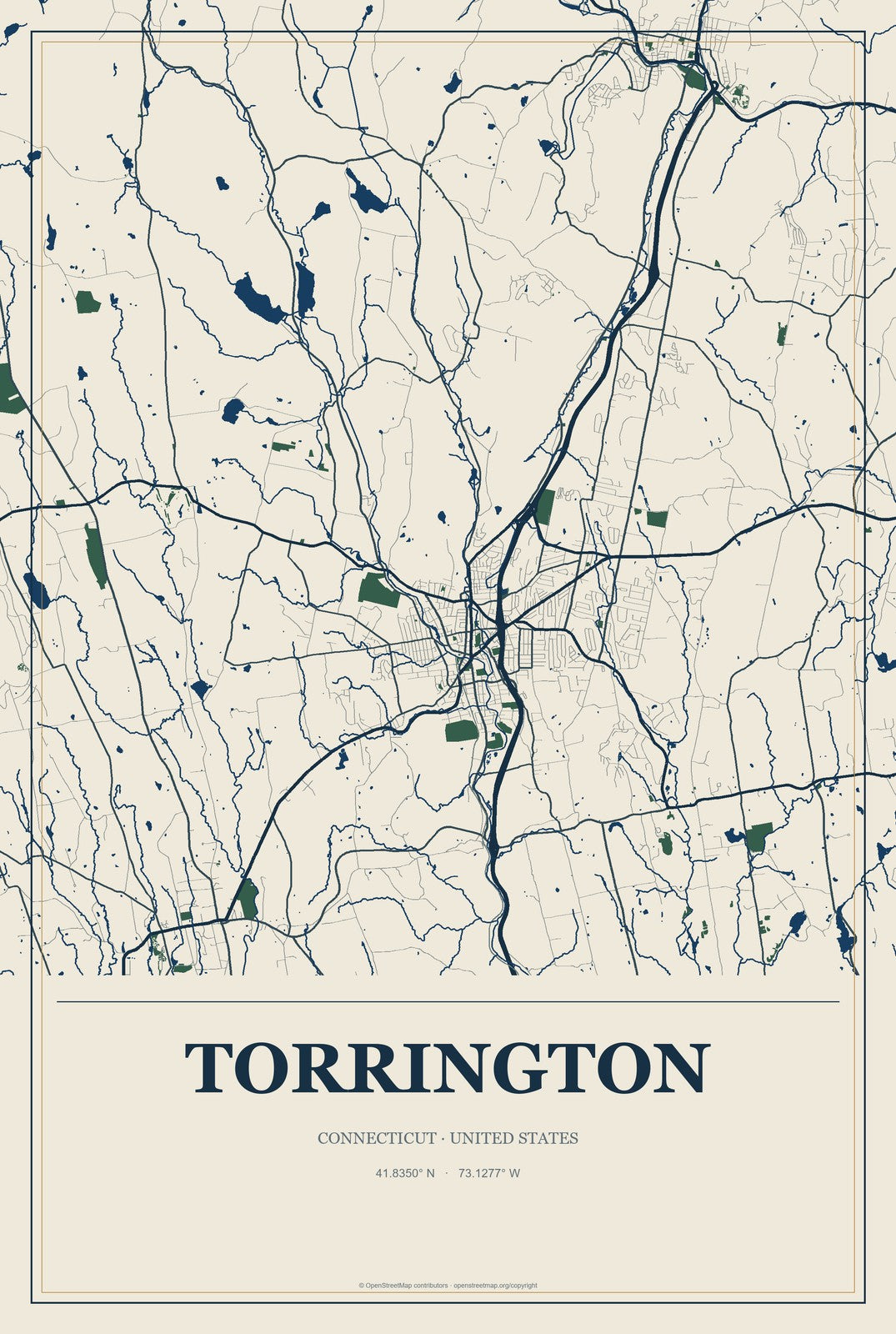 Torrington, Connecticut City Map Aluminum Sign in Coastal Cutout style