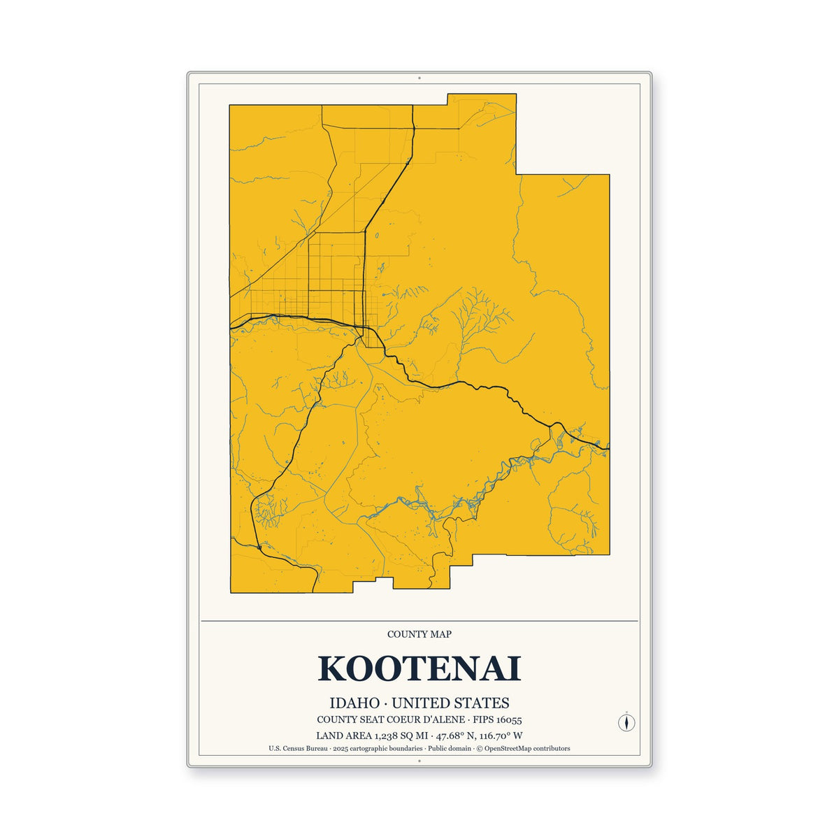 Kootenai County, Idaho Map Aluminum Sign in Citrine Modern style