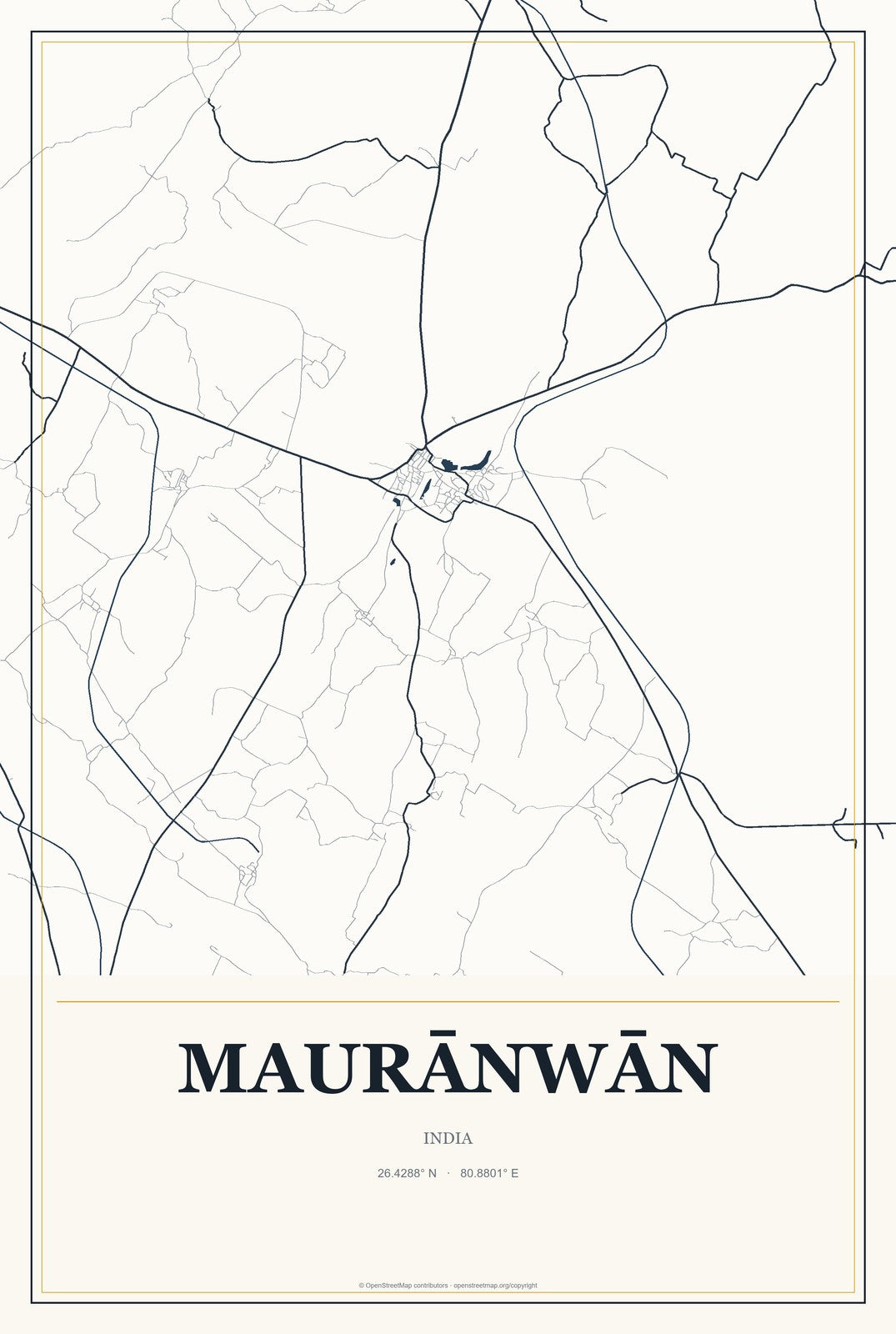 Maurānwān, India City Map Aluminum Sign in Citrine Modern style