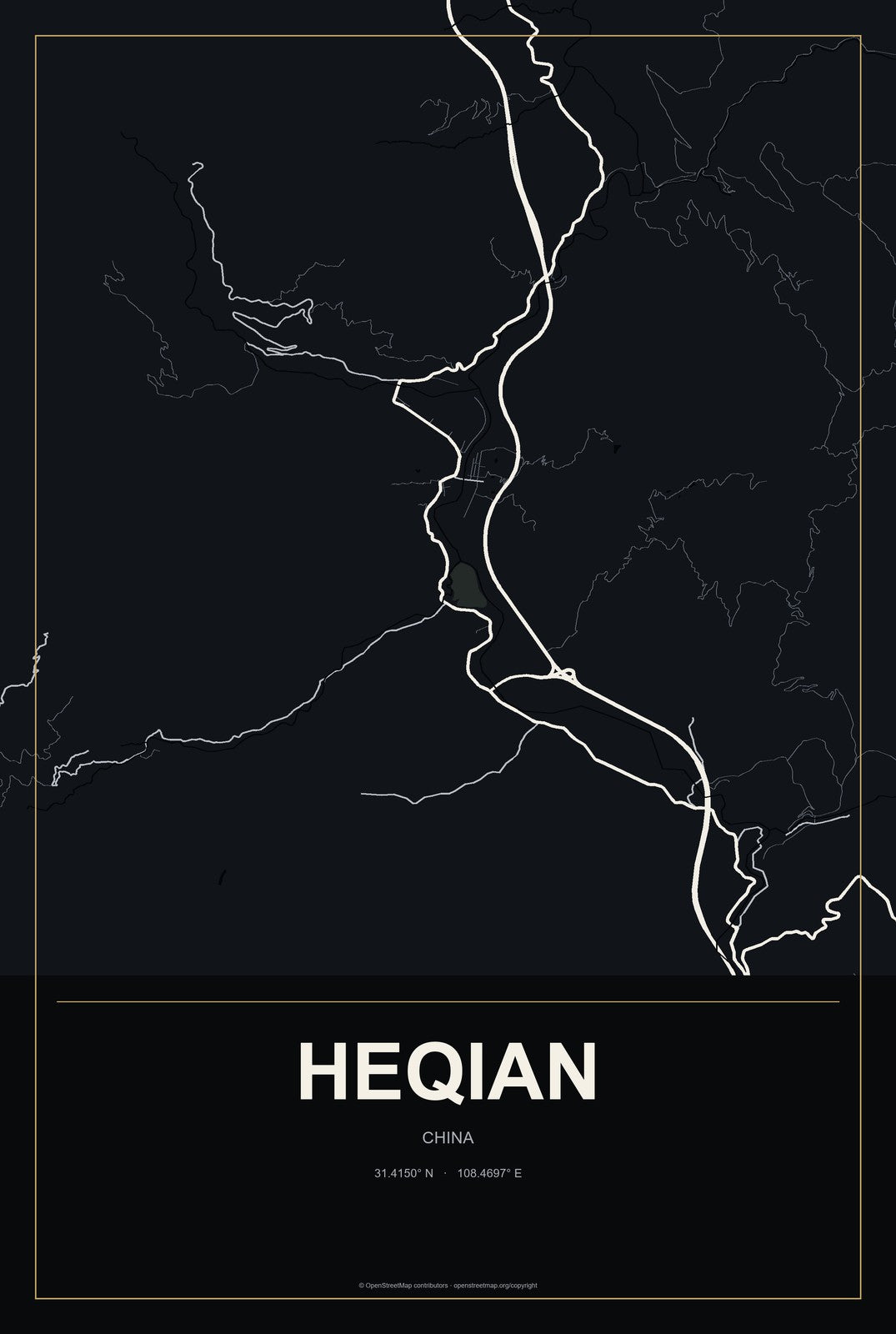 Heqian, China City Map Aluminum Sign in Metropolitan Noir style