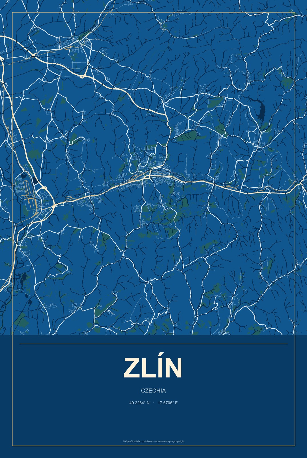 Zlín, Czechia City Map Aluminum Sign in Harbor Cobalt style