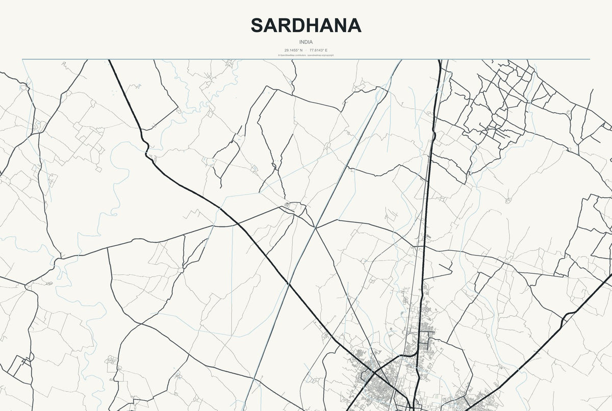 Sardhana, India City Map Aluminum Sign in Headline Atlas style
