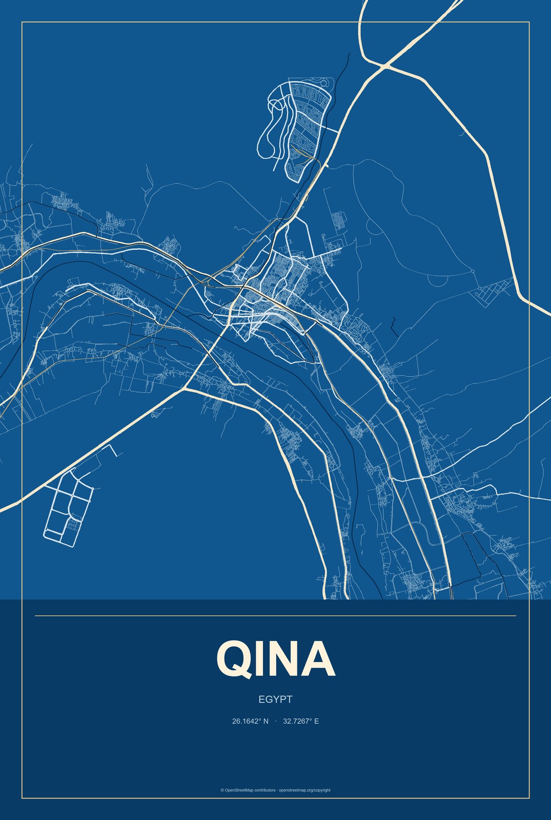 Qina, Egypt City Map Aluminum Sign in Harbor Cobalt style