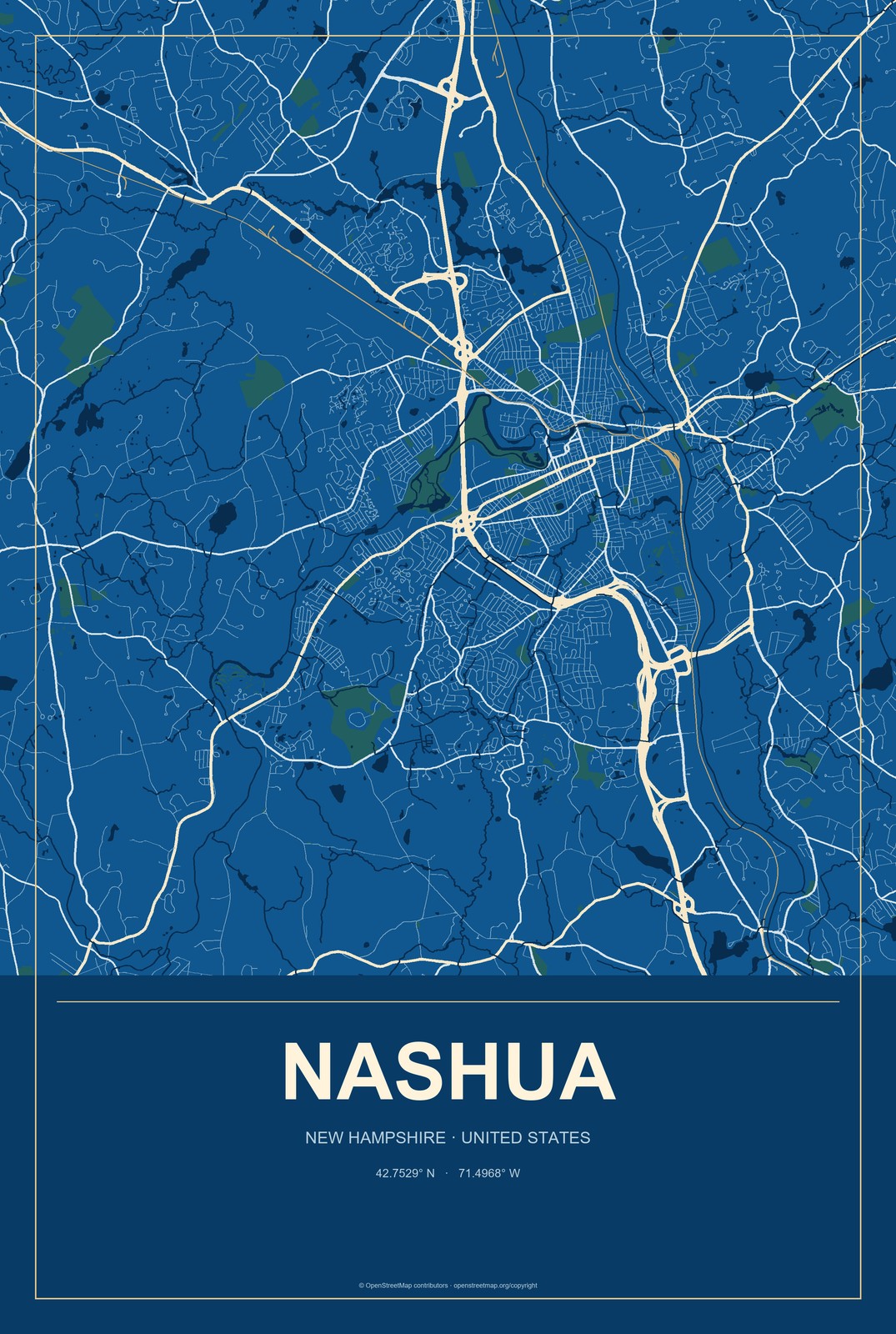 Nashua, New Hampshire City Map Aluminum Sign in Harbor Cobalt style