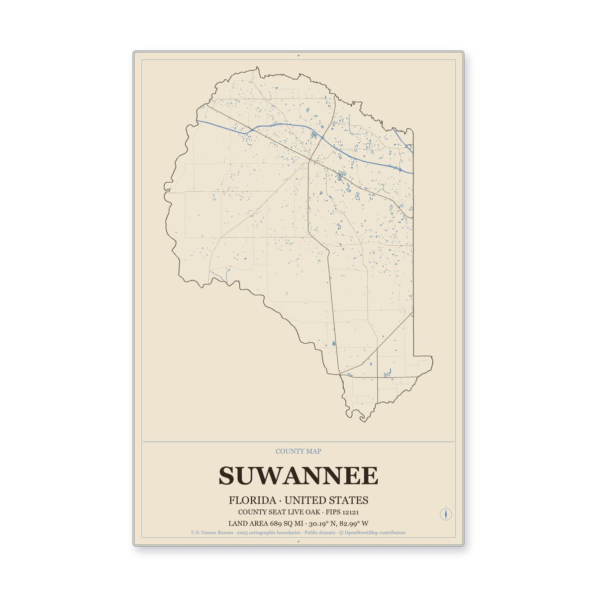 Suwannee County, Florida Map Aluminum Sign in Heritage Nautical style