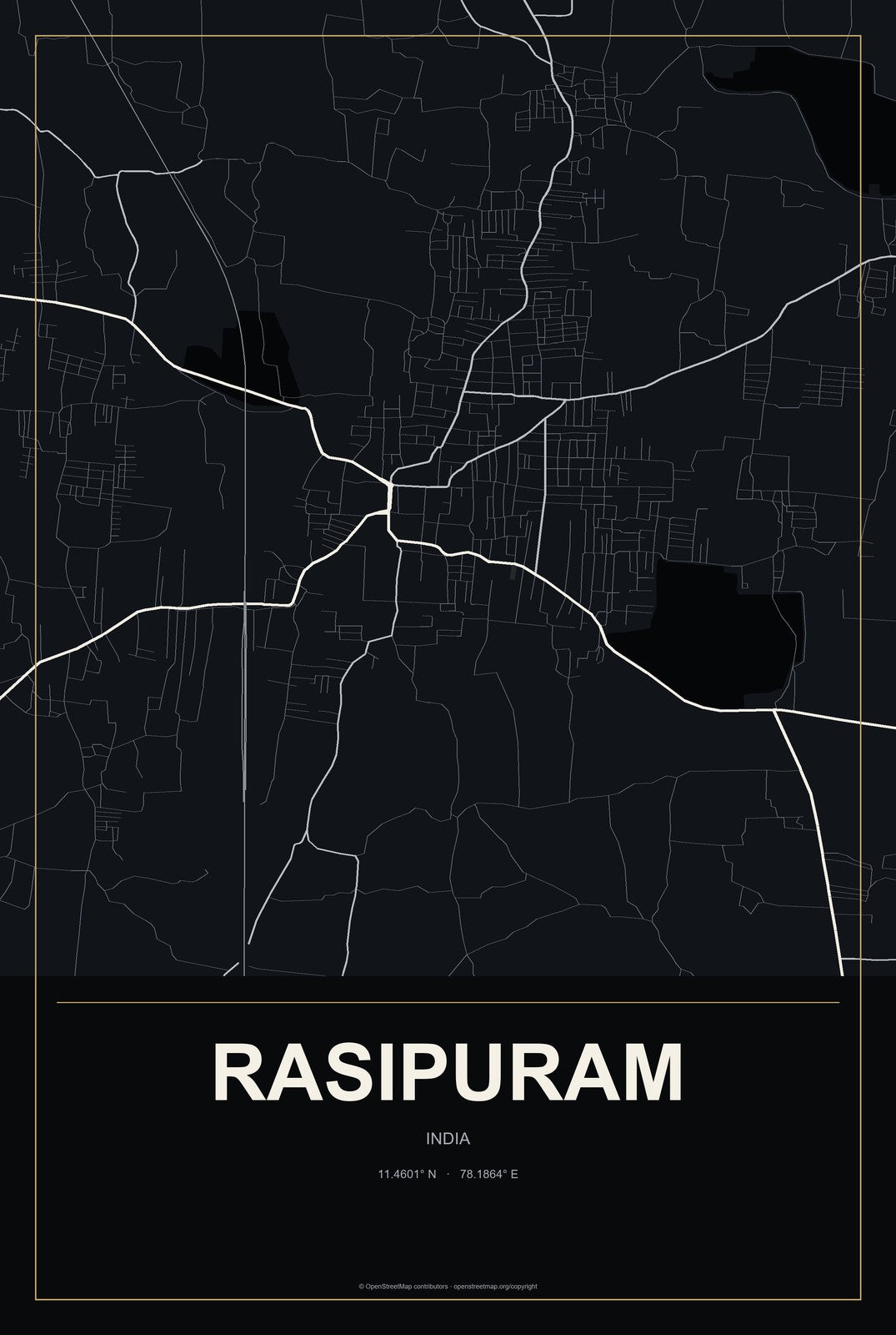 Rasipuram, India City Map Aluminum Sign in Metropolitan Noir style
